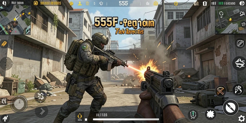 Screenshot utama 555F menampilkan aksi penuh dalam pertarungan TPS.