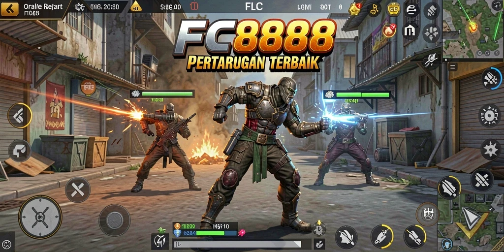 Screenshot permainan FC888 menunjukkan pertempuran seru di medan Battle Royale.