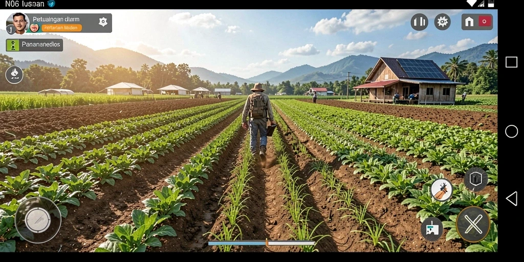 Screenshot gameplay N06 yang menampilkan kebun yang subur dan indah.