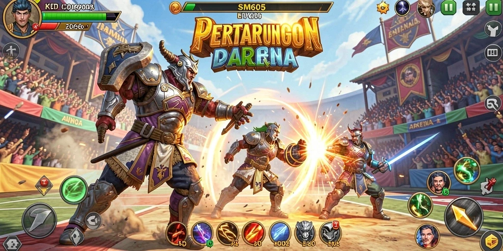 Gameplay SM605 yang mendebarkan dalam arena pertarungan.